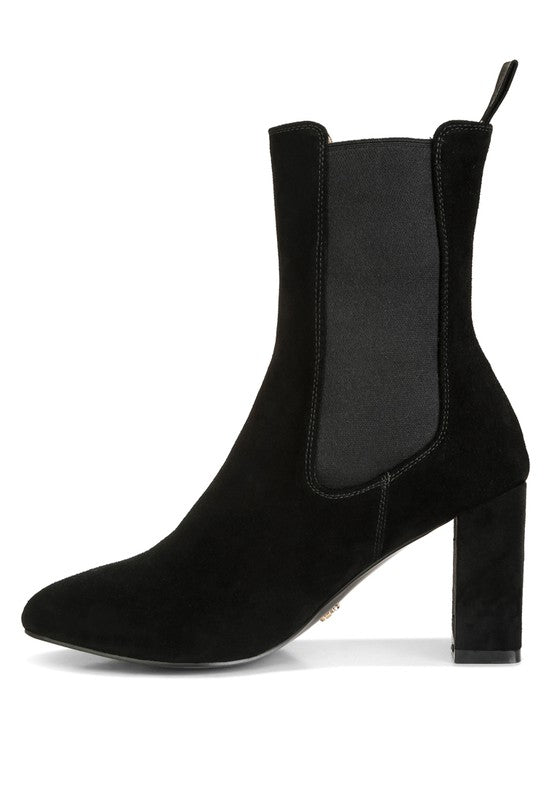 Black suede ankle boot with block heel and elastic side panels for easy slip-on wear