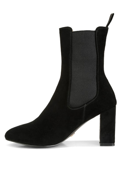 Black suede ankle boot with block heel and elastic side panels for easy slip-on wear