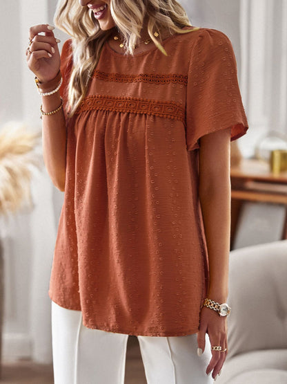 Devine Lace Detail Round Neck Short Sleeve Blouse