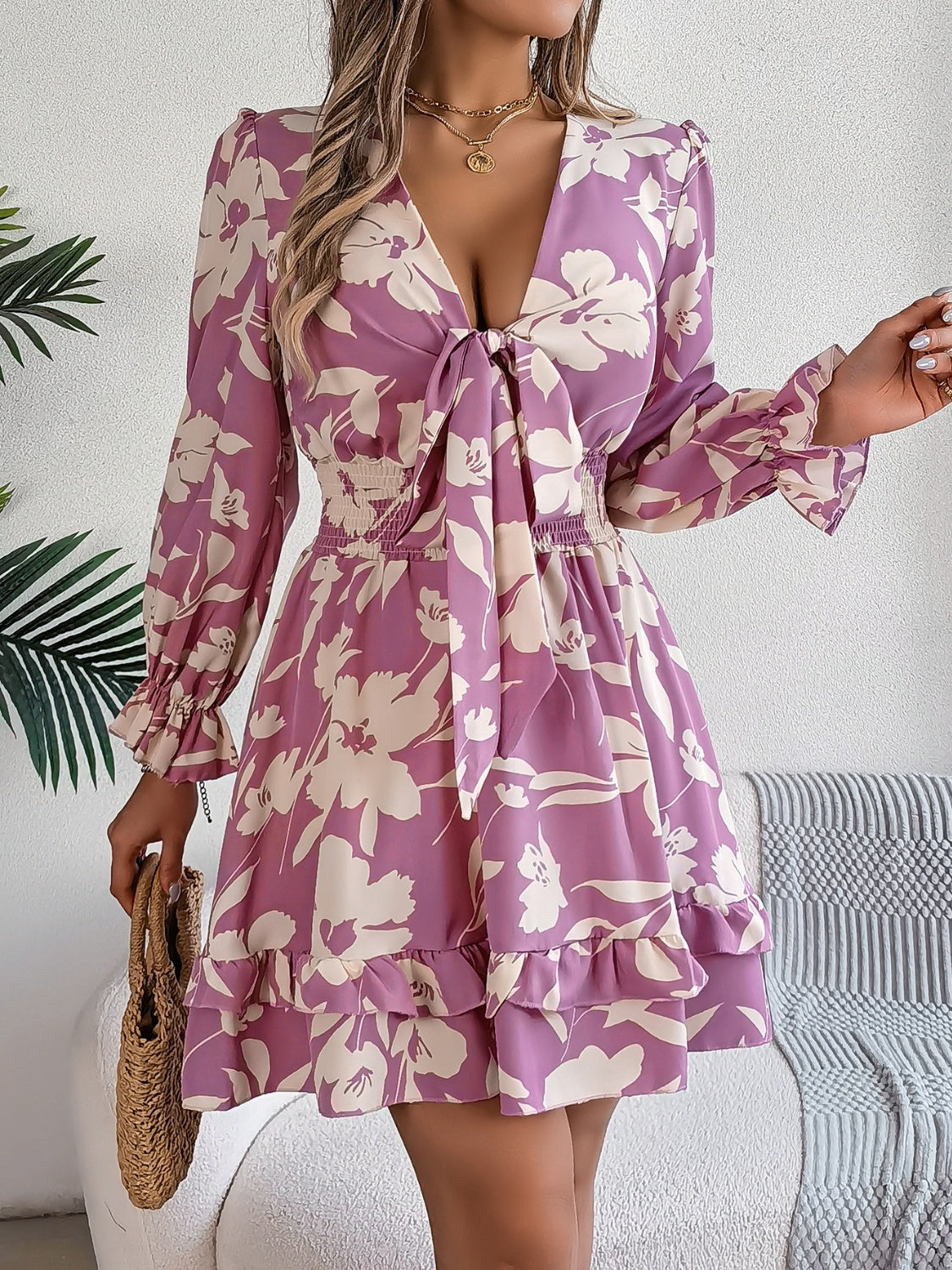 Tied Ruffled Printed Long Sleeve Dress - Lilac -