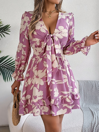 Tied Ruffled Printed Long Sleeve Dress - Lilac -