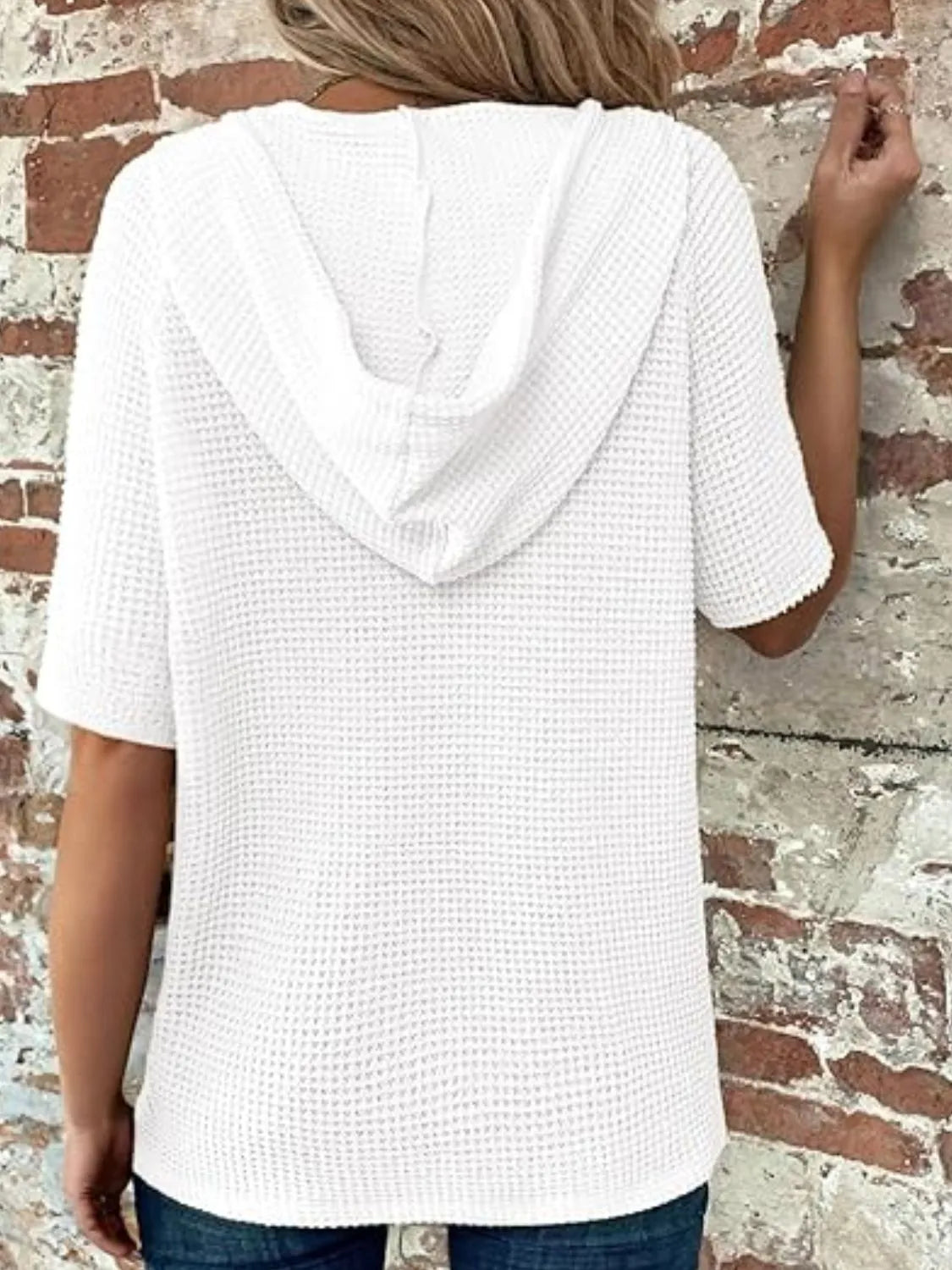 Drawstring Waffle-Knit Short Sleeve Hooded Top - -