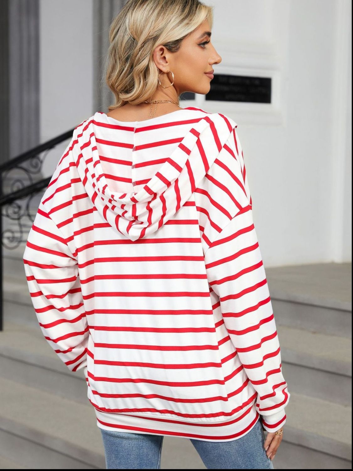 Drawstring Striped Long Sleeve Hoodie - -
