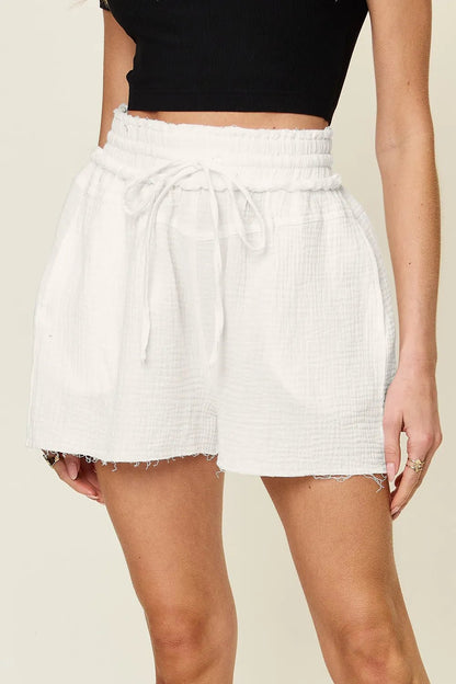 Double Take Full Size Texture Raw Trim Drawstring Shorts - -