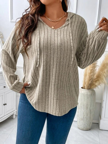 Plus Size Cozy Drawstring Hoodie Tee (Curve Confidence) - Khaki -