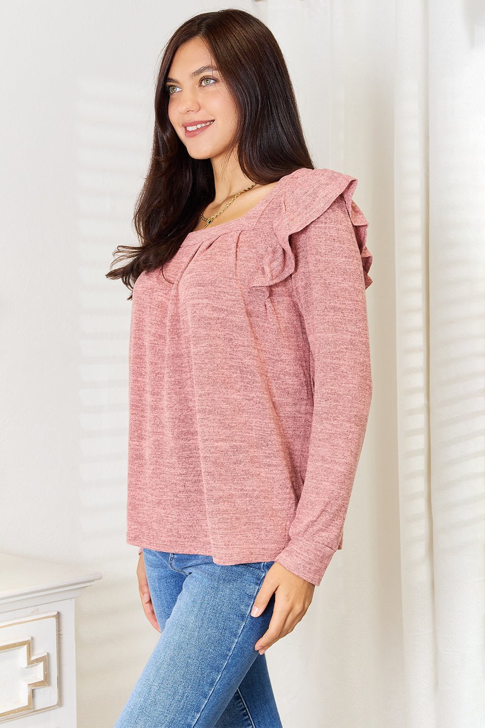 Double Take Square Neck Ruffle Shoulder Long Sleeve T-Shirt - -