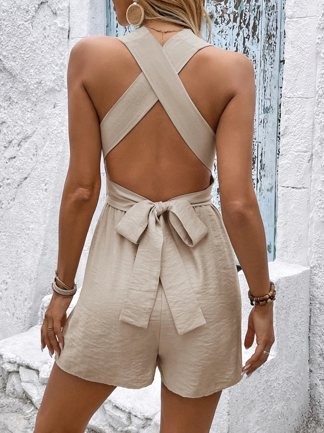 Crisscross Sleeveless Tie Back Romper - -