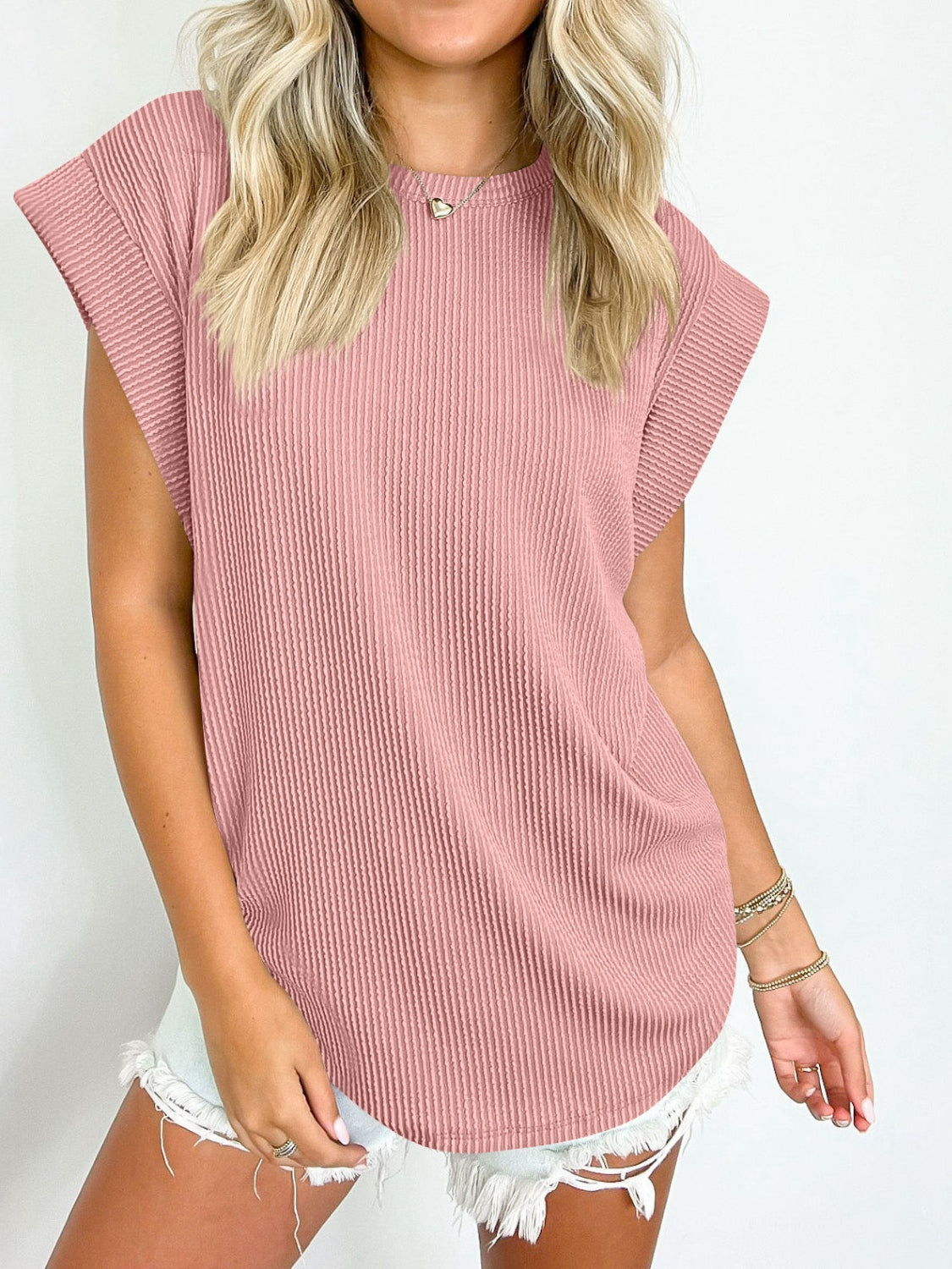 Lovelet Textured Round Neck Cap Sleeve Blouse