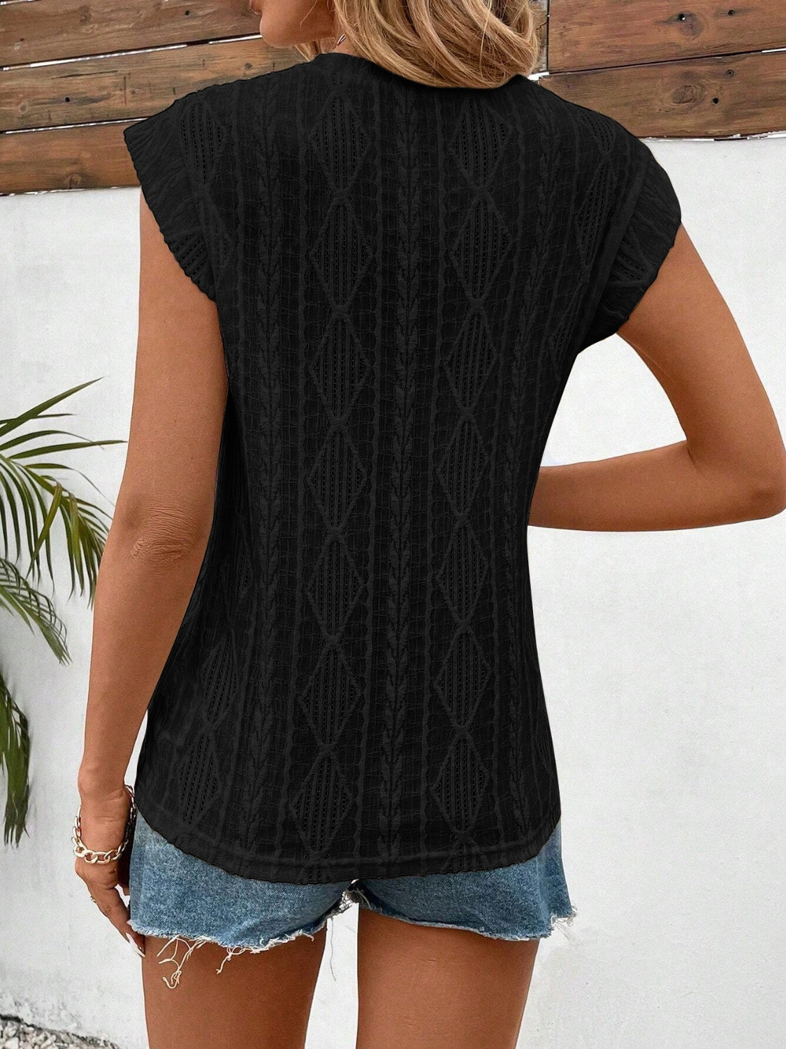 Eyelet Round Neck Cap Sleeve Top - -