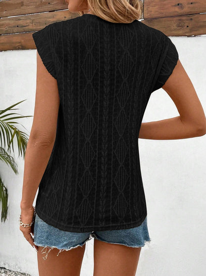 Eyelet Round Neck Cap Sleeve Top - -