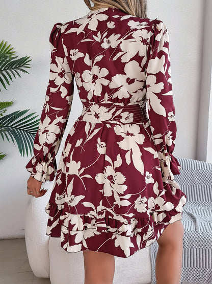 Tied Ruffled Printed Long Sleeve Dress - -