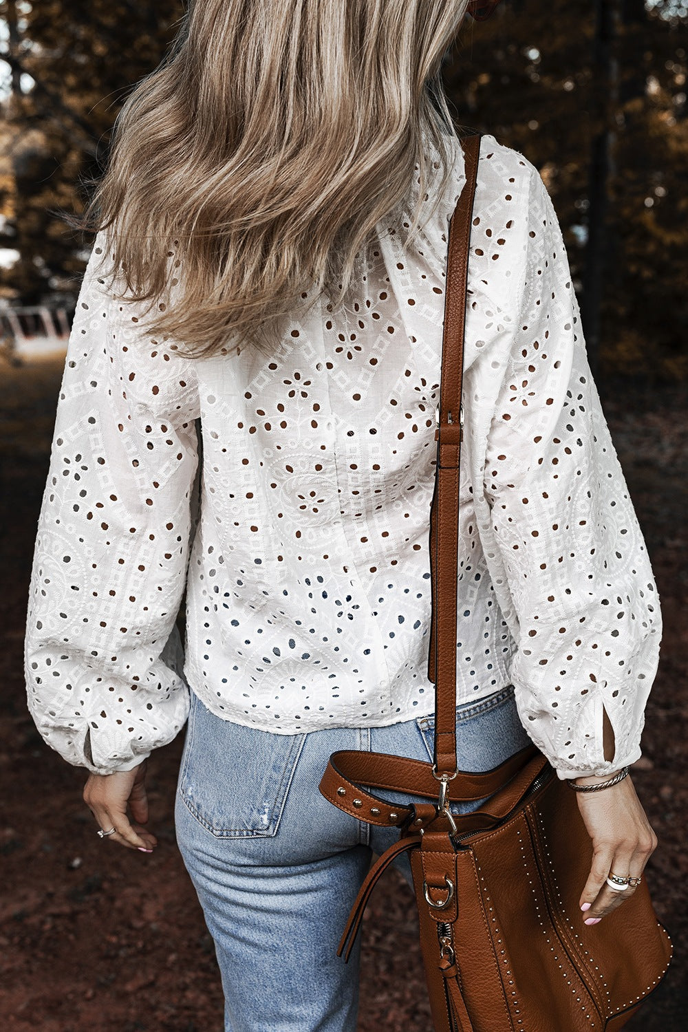 Eyelet V-Neck Long Sleeve Blouse - -