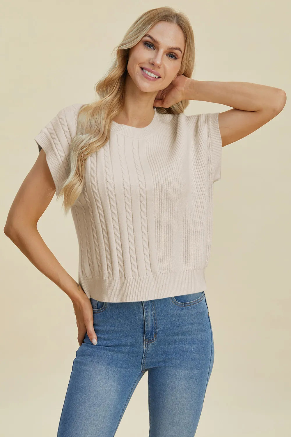 Double Take Full Size Cable-Knit Round Neck Short Sleeve Sweater - -