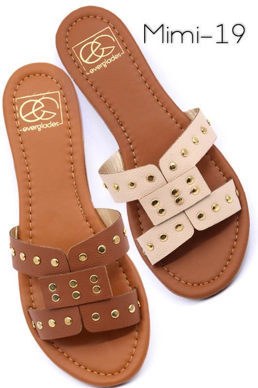 Slide sandal with rivet studs - Tan -
