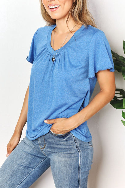 Double Take Ruched V-Neck Short Sleeve T-Shirt - -