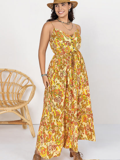 Plus Size Printed V-Neck Maxi Cami Dress - -