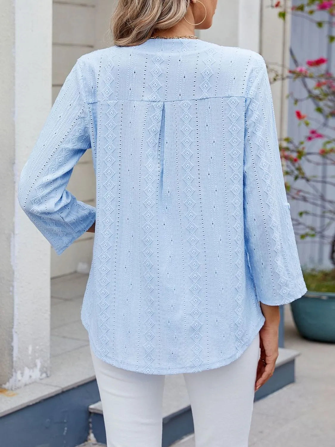 Eyelet Notched Roll-Tab Sleeve Top - -