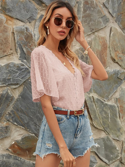 Lace Detail V-Neck Siwss Dot Blouse - -