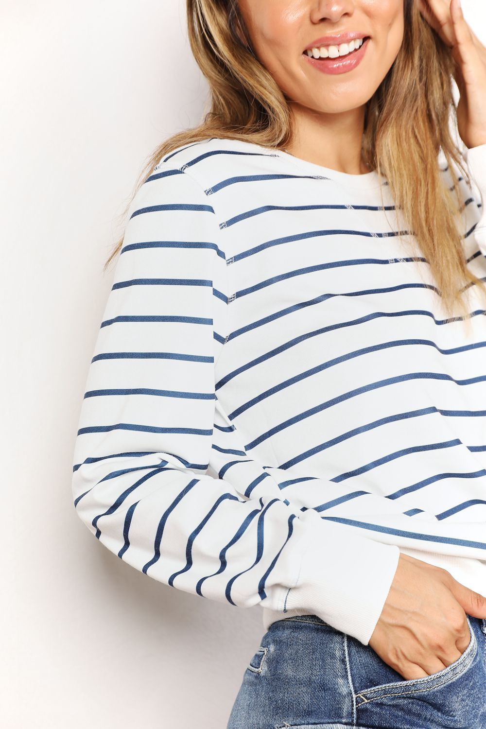 Double Take Striped Long Sleeve Round Neck Top - -