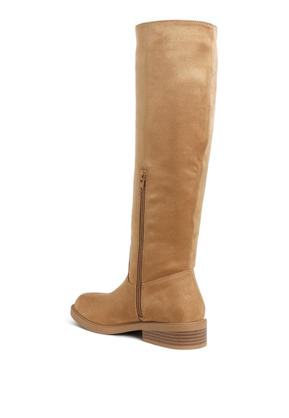 Tan knee-high boot with side zipper and faux suede material