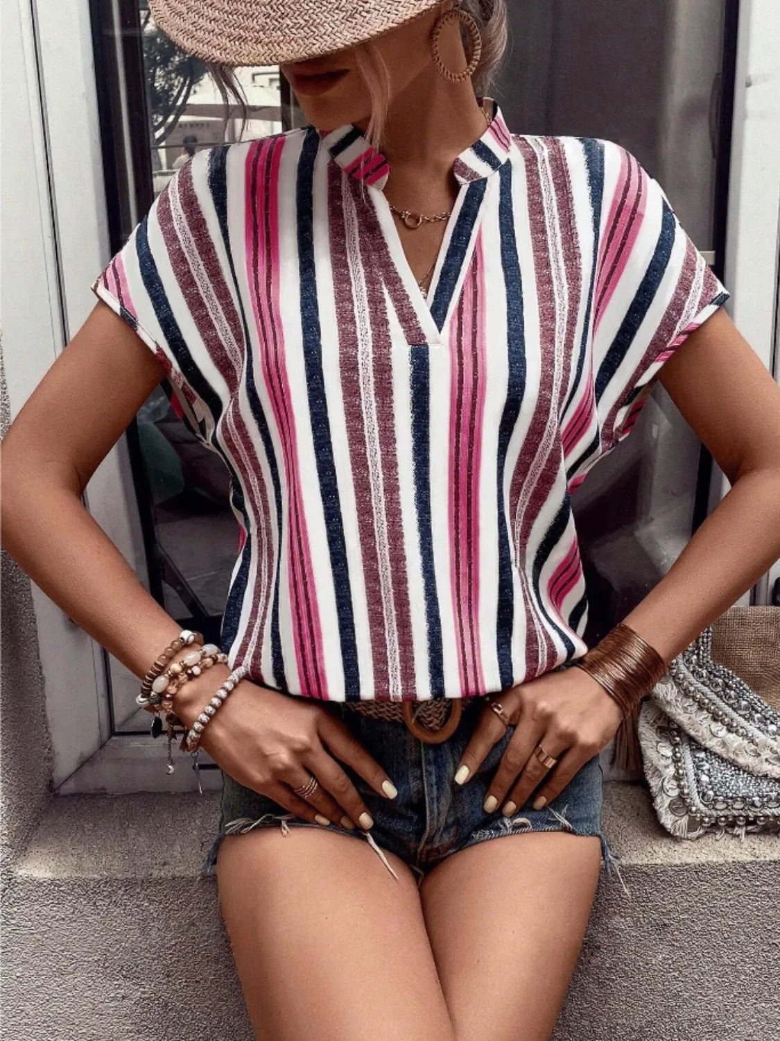 Striped Notched Short Sleeve Shirt - -