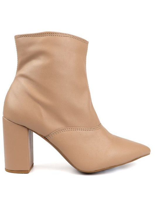 Pointed Toe Bootie with a Block Heel - Nude -