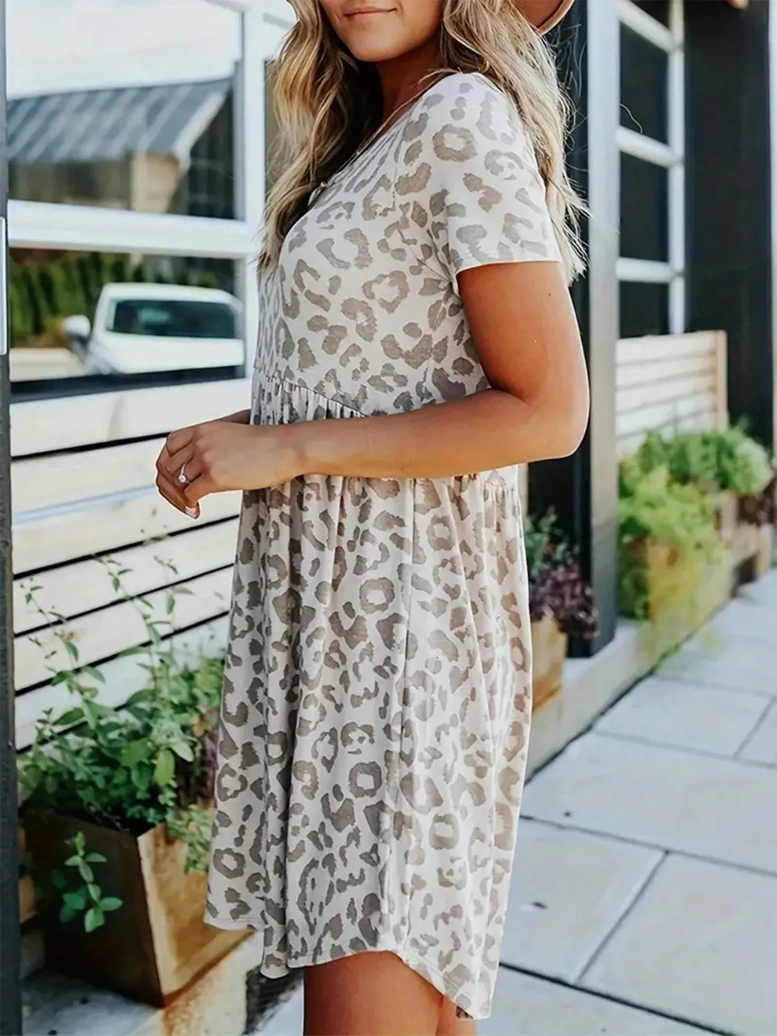 Leopard Round Neck Short Sleeve Mini Tee Dress - -