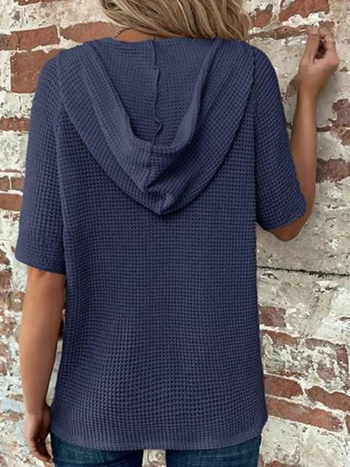 Drawstring Waffle-Knit Short Sleeve Hooded Top - -