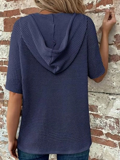 Drawstring Waffle-Knit Short Sleeve Hooded Top - -