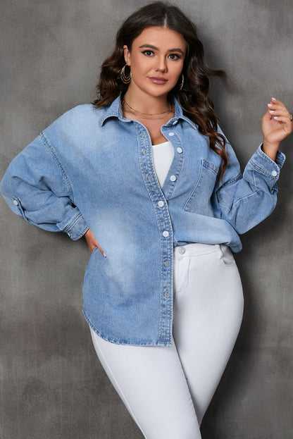 Plus Size Button Up Pocketed Denim Top - -