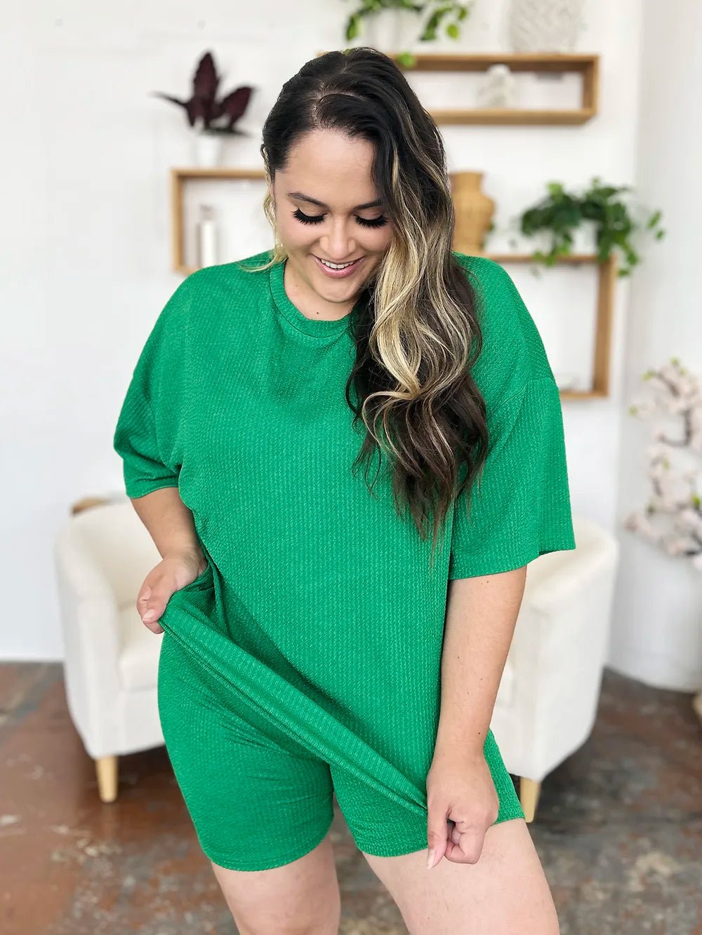 Double Take Full Size Texture Round Neck Drop Shoulder T-Shirt and Shorts Set – | Shannon’s Chique Boutique