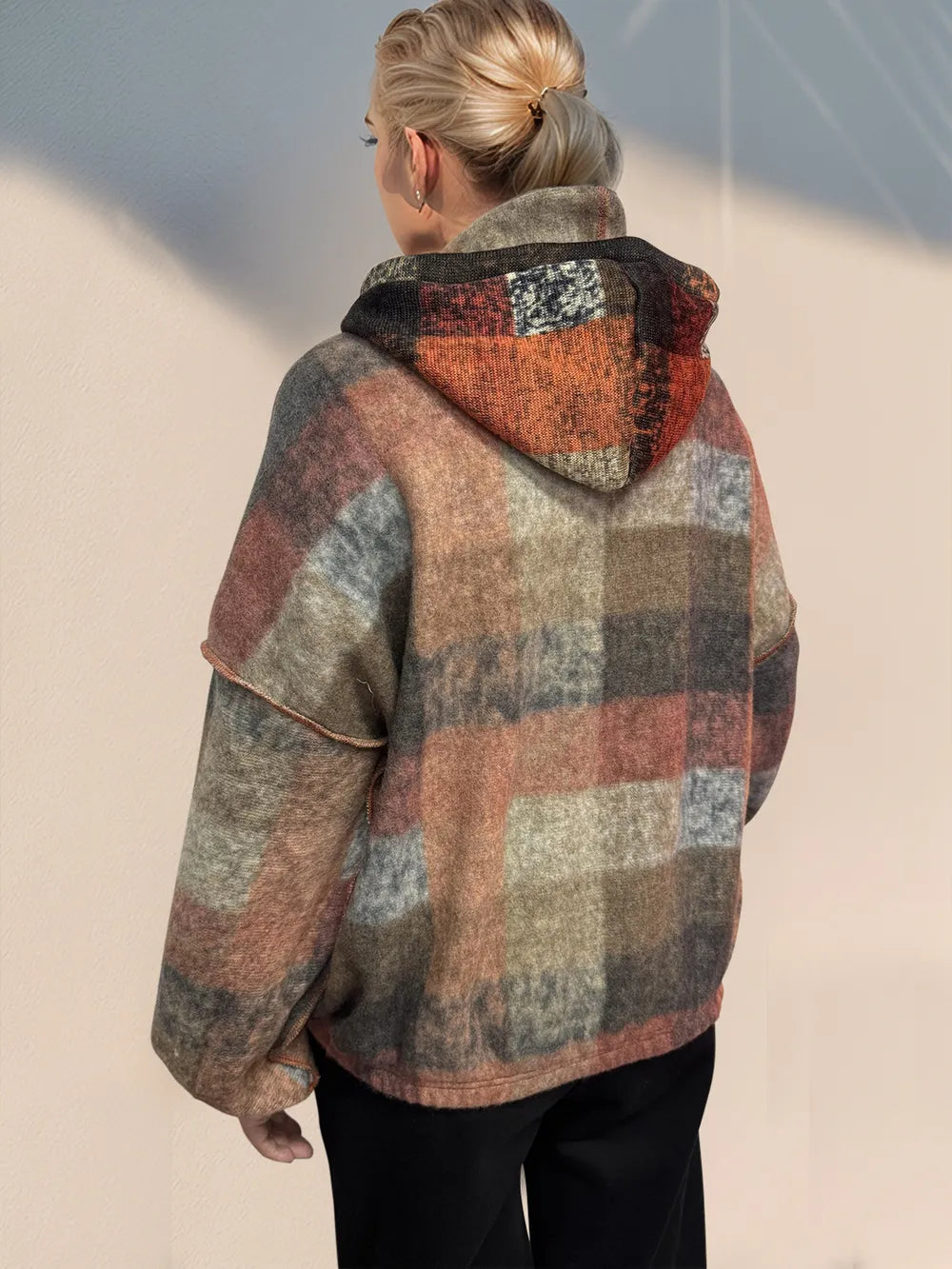 Double Take Full Size Half Zip Exposed Seam Fleece Hoodie - -