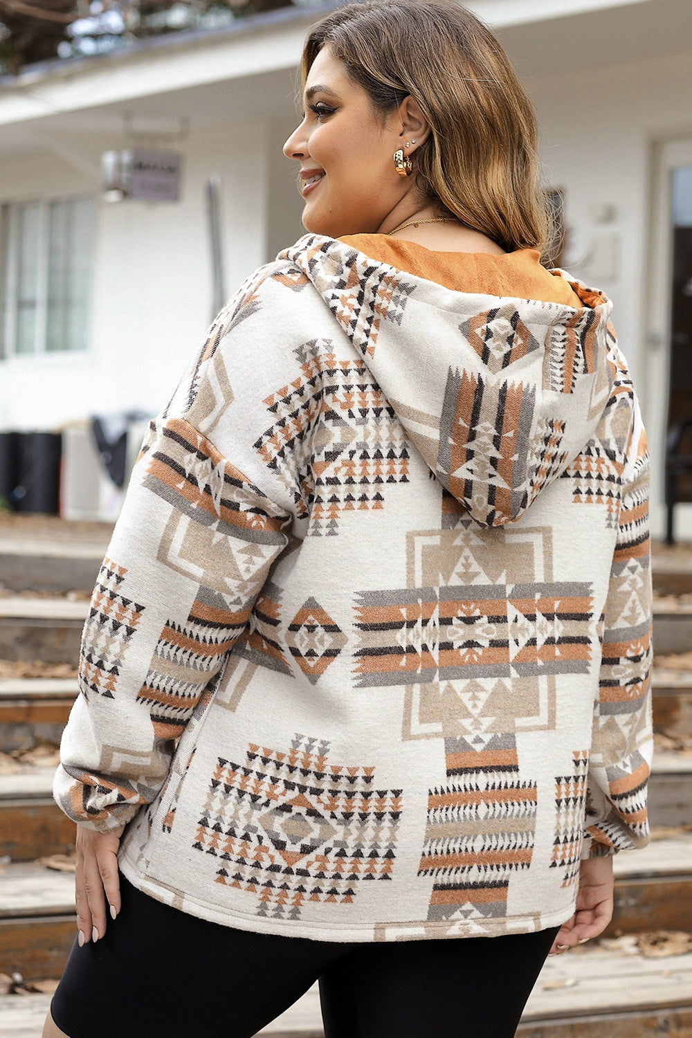Plus Size Geometric Print Kangaroo Pockets Hoodie - -