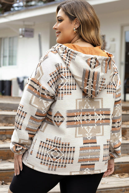 Plus Size Geometric Print Kangaroo Pockets Hoodie - -