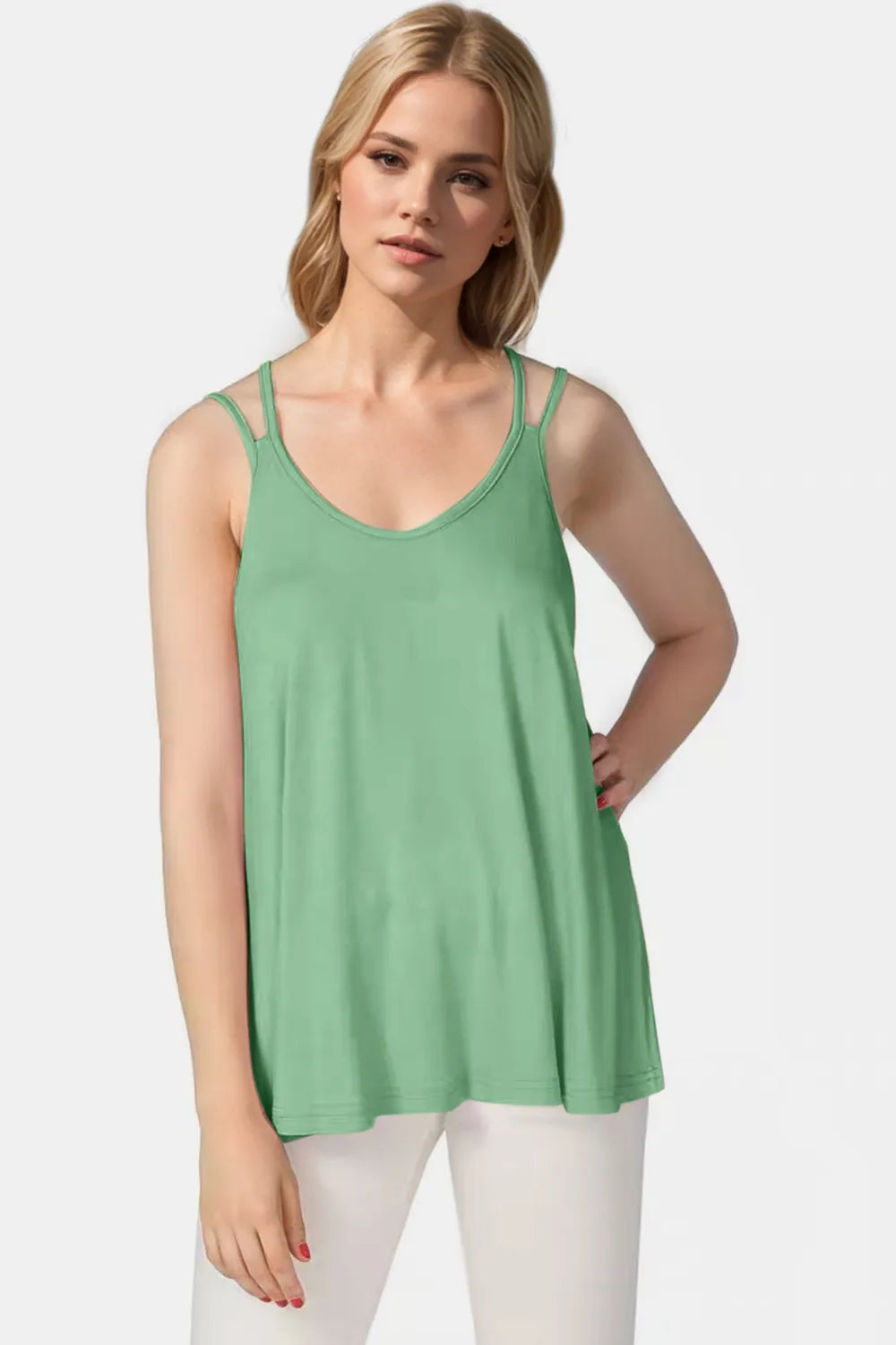 Basic Bae Bamboo Scoop Neck Double Spaghetti Straps Cami - Green -