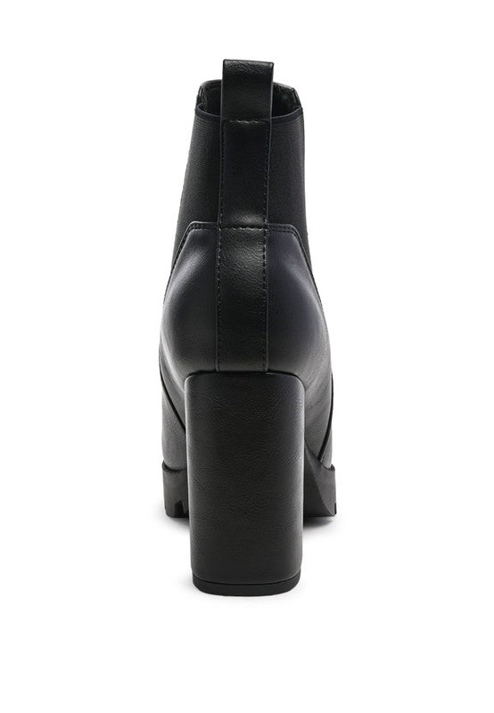 Black platform ankle boot with block heel and smooth faux leather finish