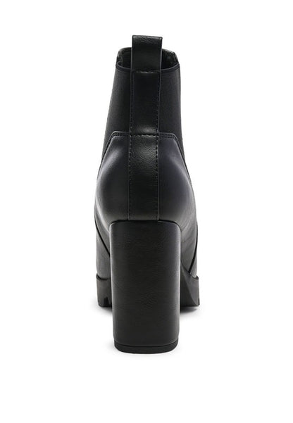 Black platform ankle boot with block heel and smooth faux leather finish