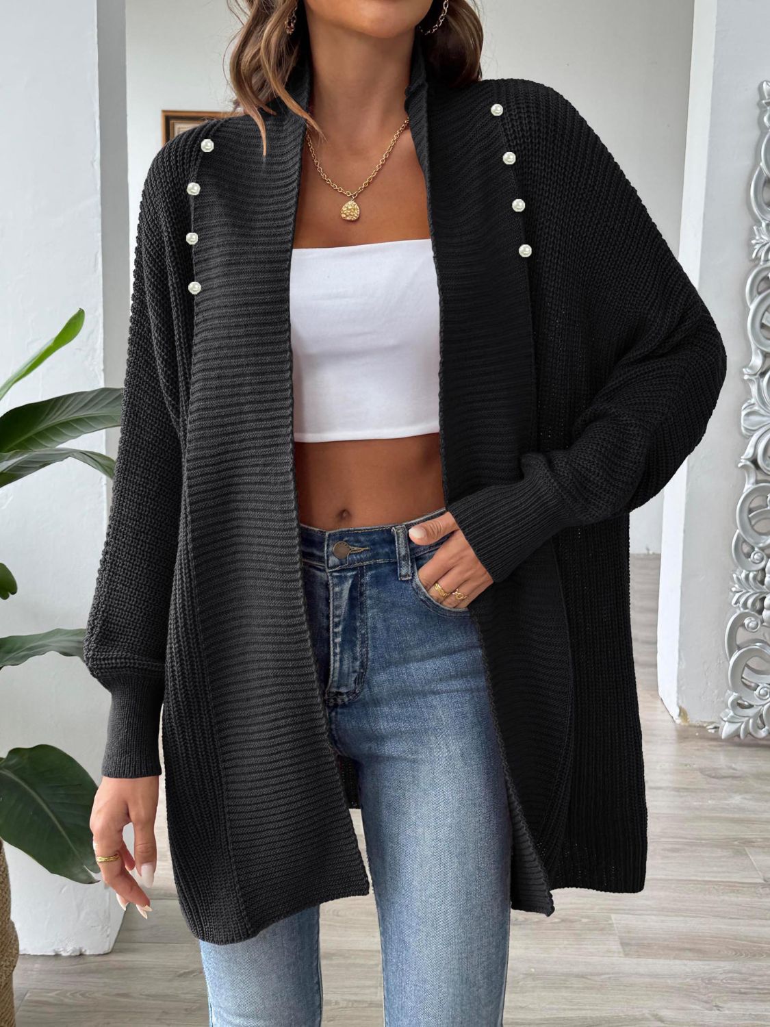 Open Front Long Sleeve Cardigan - Black One Size -