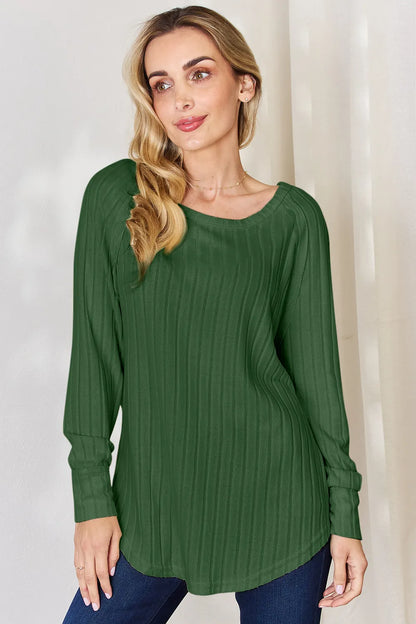 Basic Bae Full Size Ribbed Round Neck Slit T-Shirt - Green -