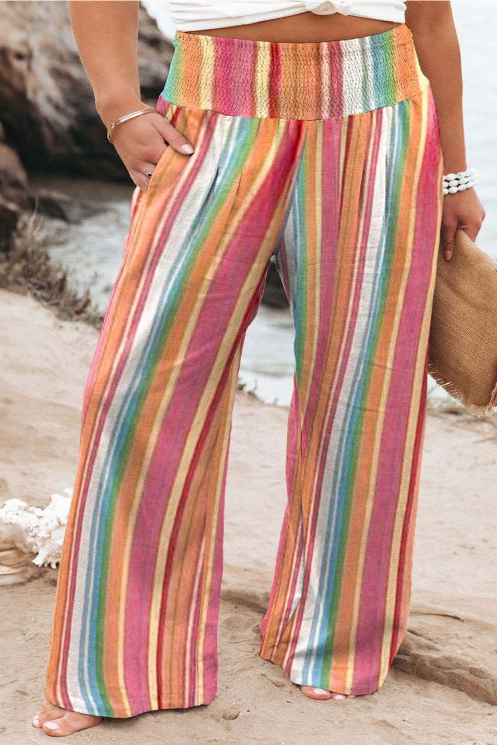 Plus Size Striped Wide Leg Pants - Tangerine -
