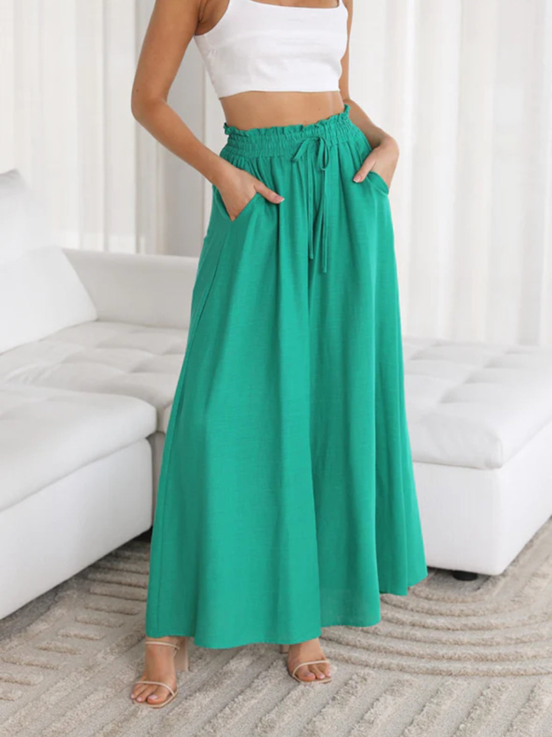 Wide Leg Pants with Pockets - Turquoise -