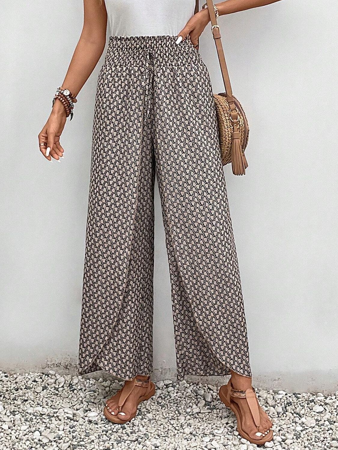 Tied Printed Wide Leg Pants - -