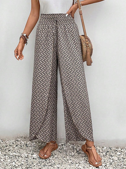 Tied Printed Wide Leg Pants - -