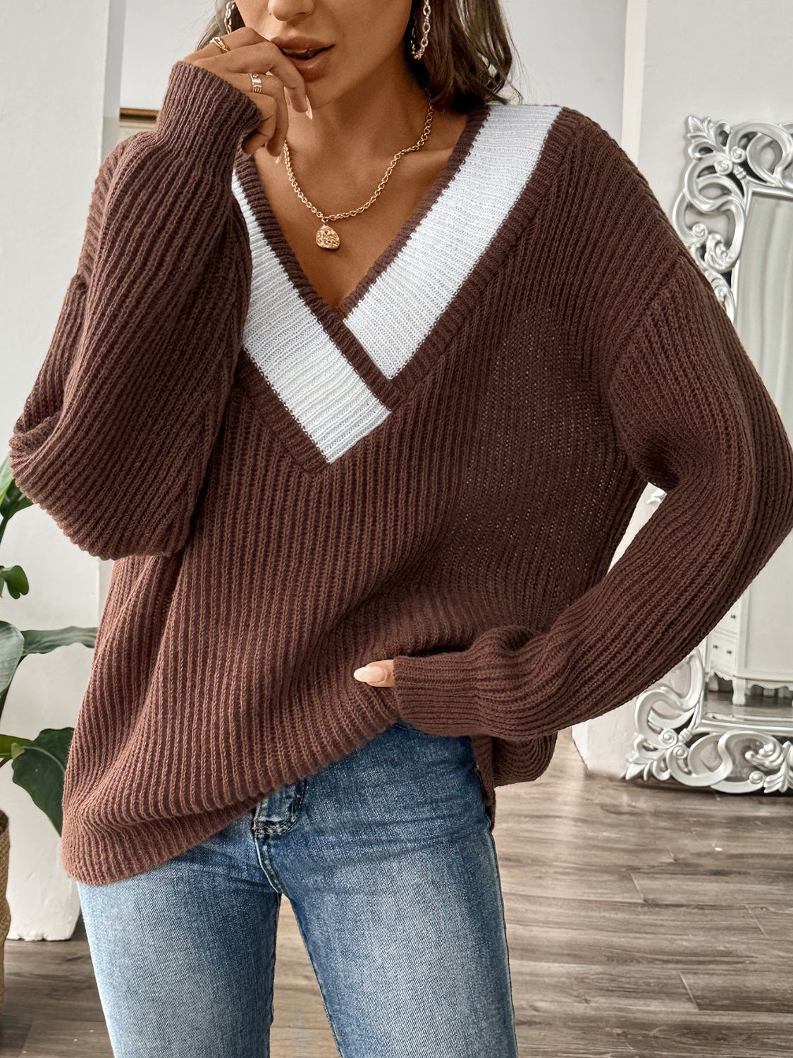 Contrast Dropped Shoulder Long Sleeve Sweater - -
