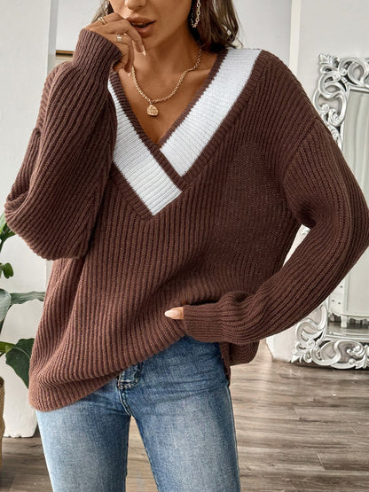 Contrast Dropped Shoulder Long Sleeve Sweater - -