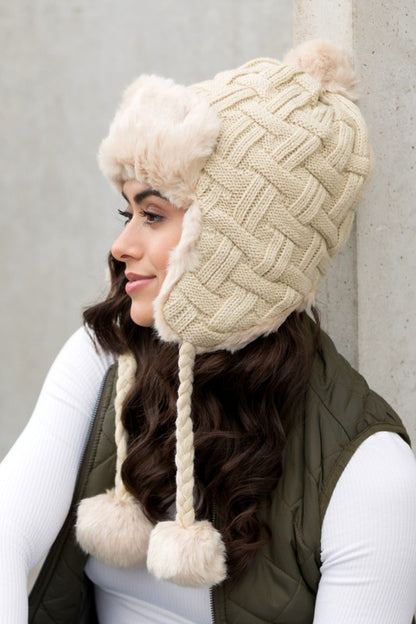 Cable Weave Pom Trapper Hat