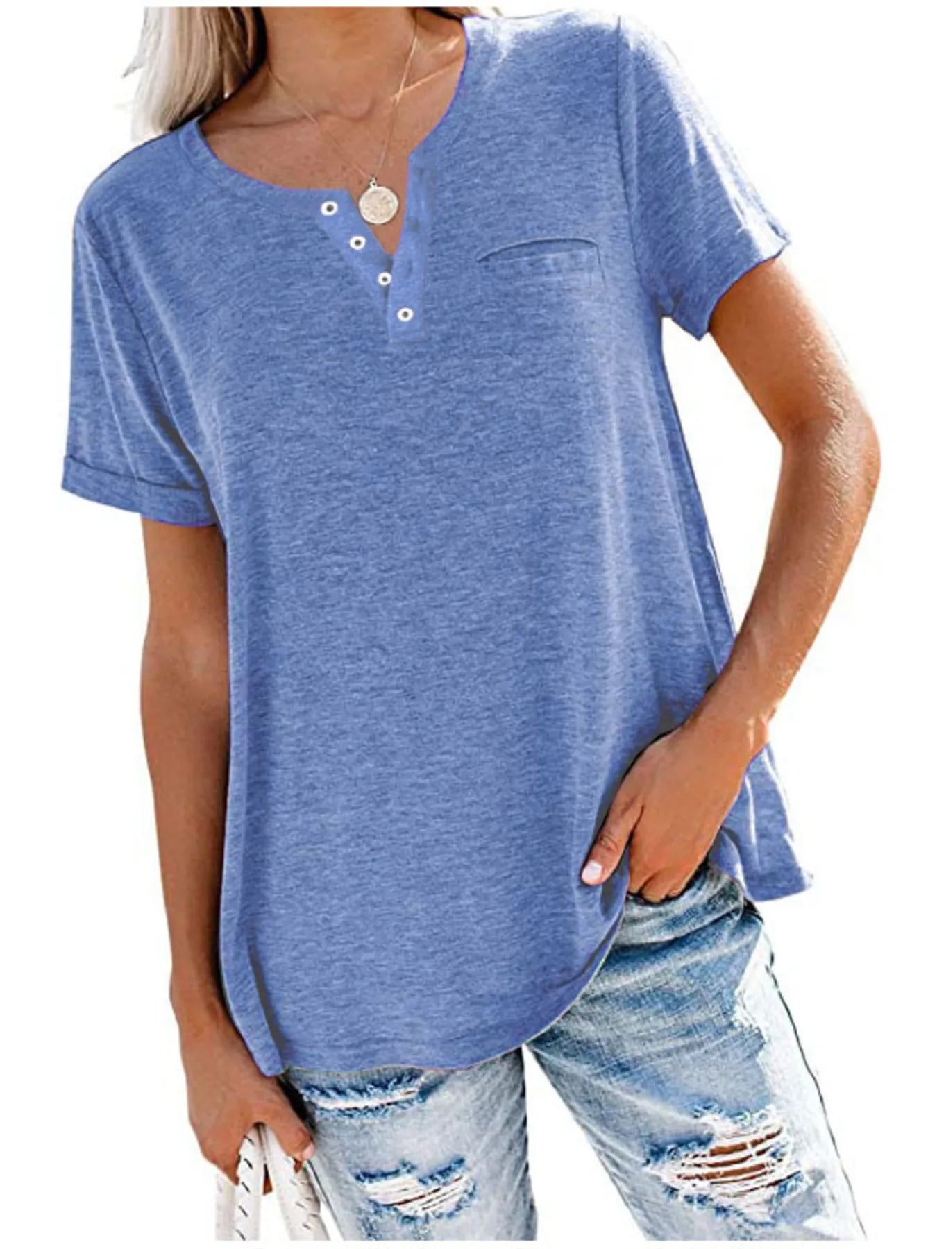 Full Size Notched Short Sleeve T-Shirt Plus Size - Blue -
