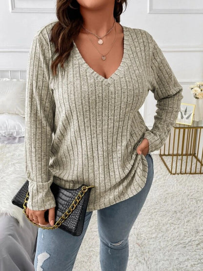 Plus Size V-Neck Long Sleeve T-Shirt - Sage -