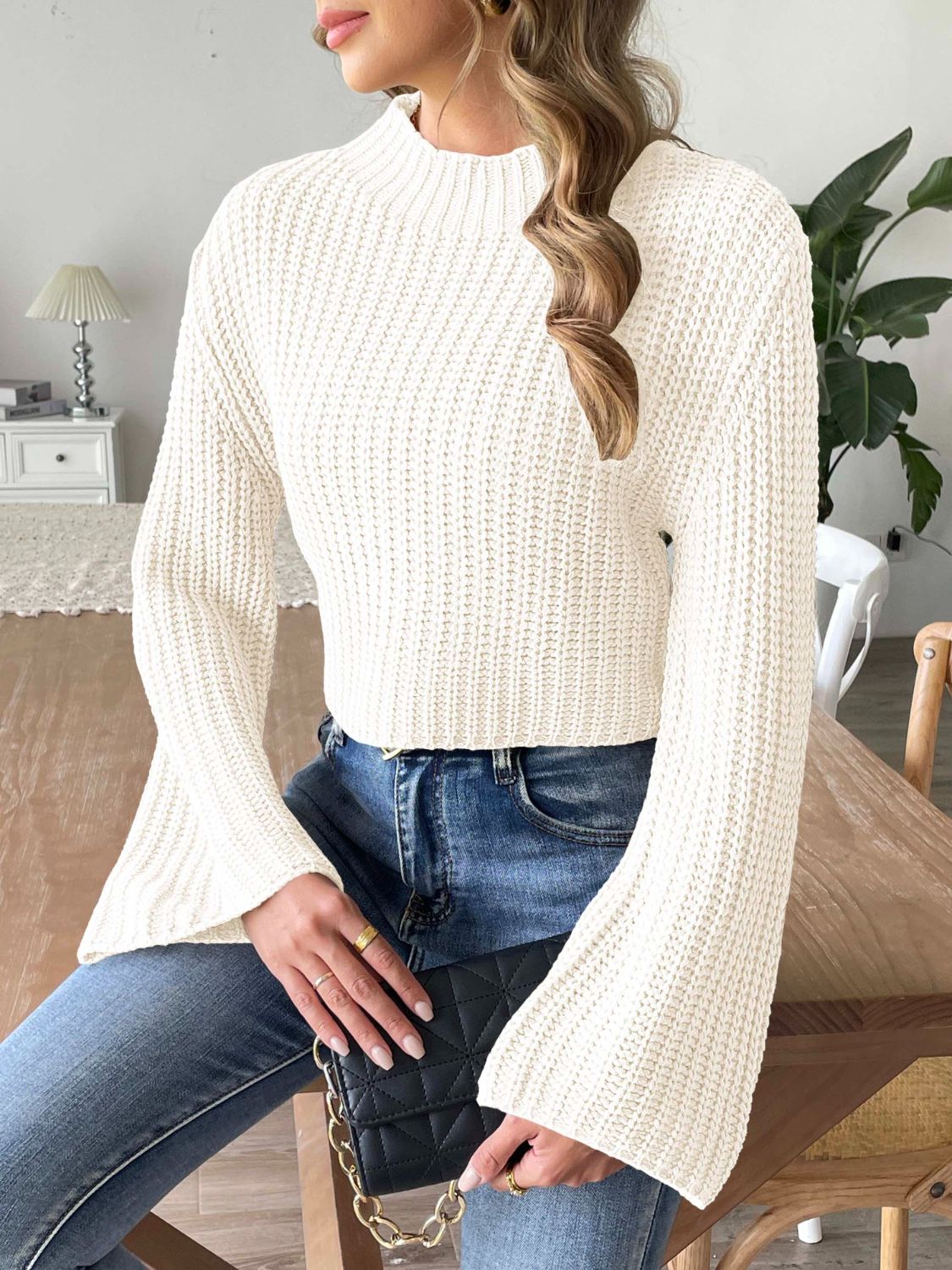 Mock Neck Long Sleeve Sweater - White -