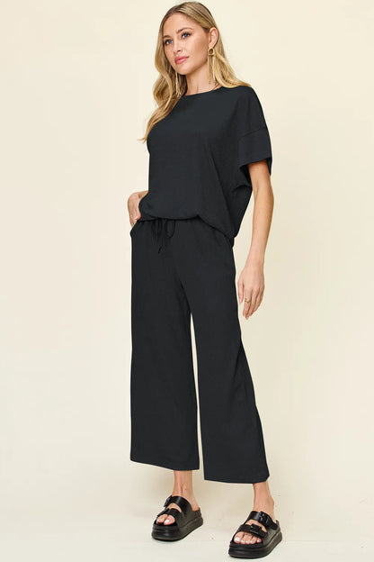 Double Take Full Size Texture Round Neck Short Sleeve T-Shirt and Wide Leg Pants - -